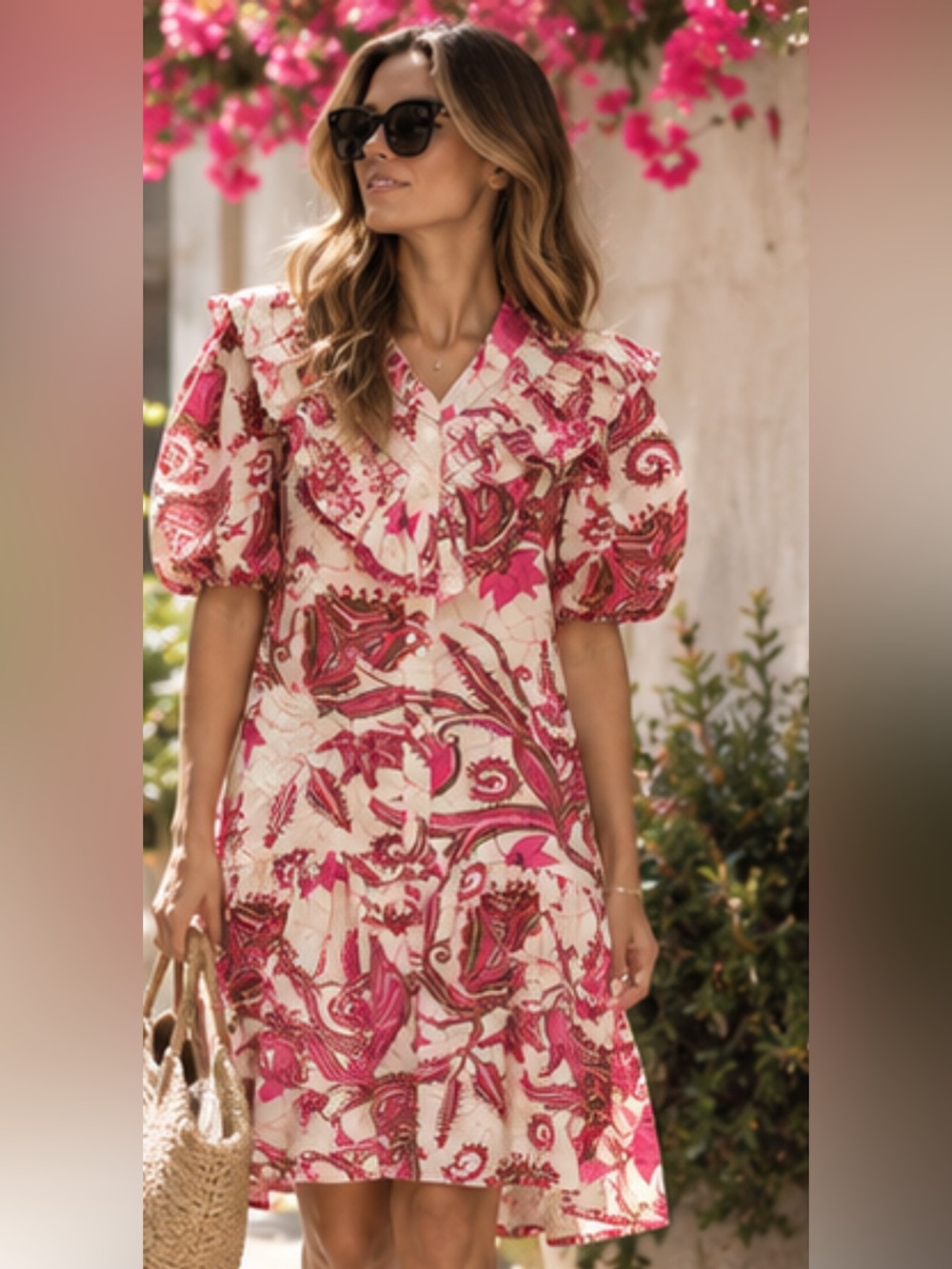 Caroline Constas Pink Paisley Ruffle Puff Sleeve Mini Dress XS